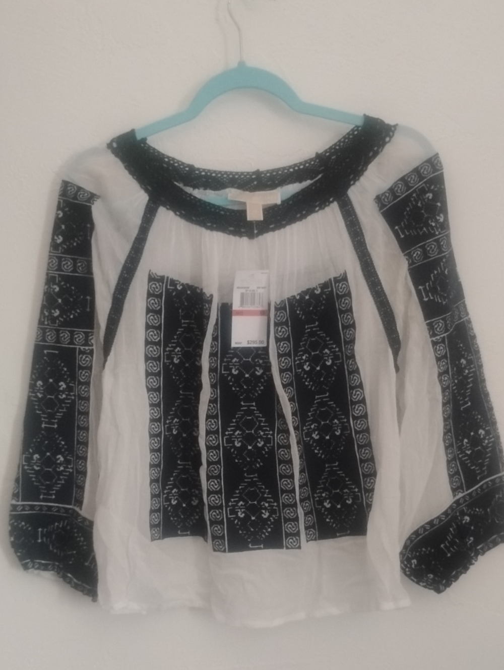 Michael Kors White Boho Peasant Top Navy Embroidered NWT Sz XS